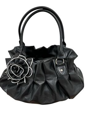 Black Floral Accent Satchel Handbag